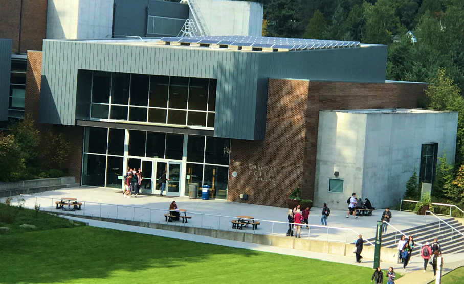 Aerial view of campus and walking students